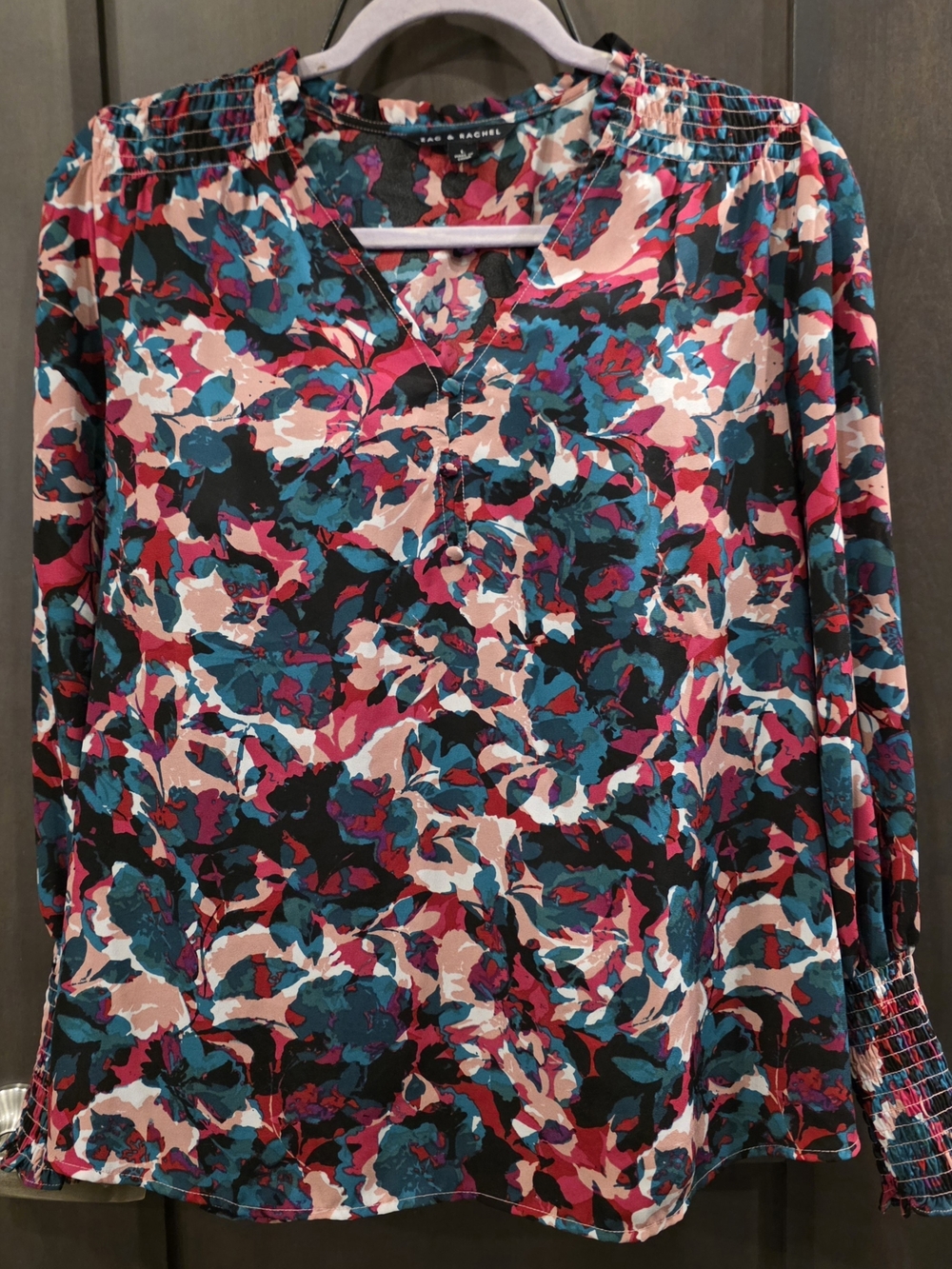 Zac & Rachel Teal Pink and Black Abstract Floral V-Neck Blouse (Size:large) - Picture 2 of 5